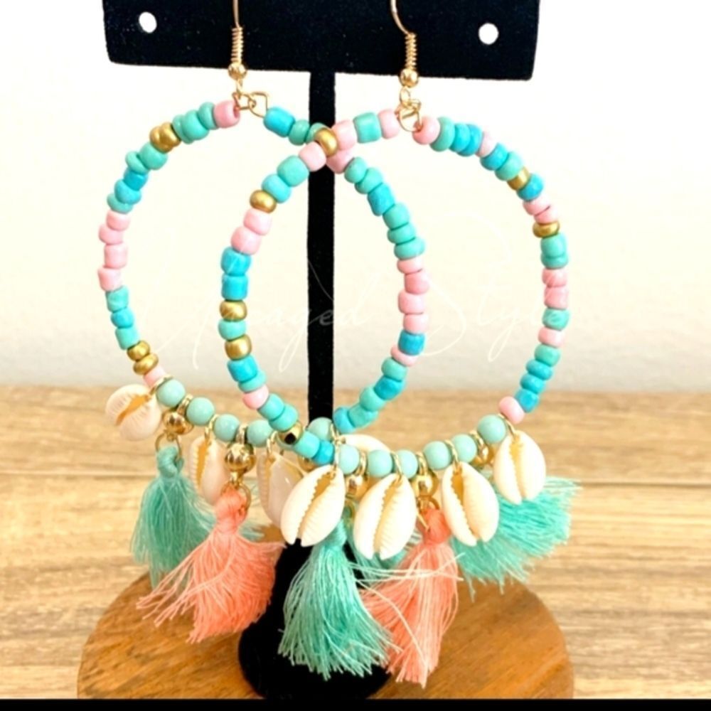 New Pink & Blue beaded hoop earrings with shells & tassels